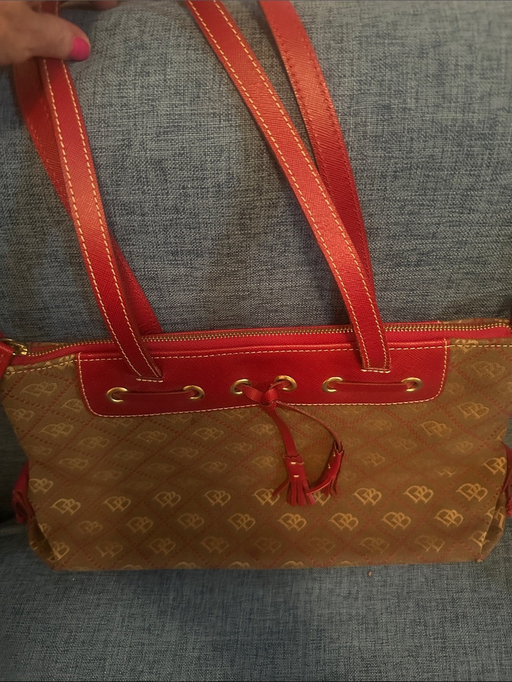 Dooney & Bourke Red and Brown Logo-Print Tote with Detachable Flap